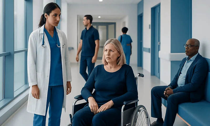 Medical staff consulting with a patient in a hospital corridor.