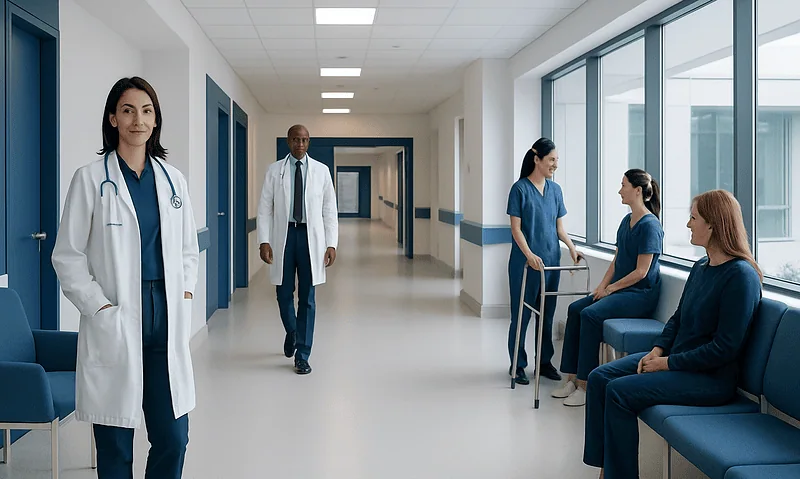 Healthcare professionals and patients in a modern hospital corridor.