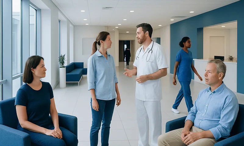 Medical consultation in a modern hospital with patients and healthcare professionals.