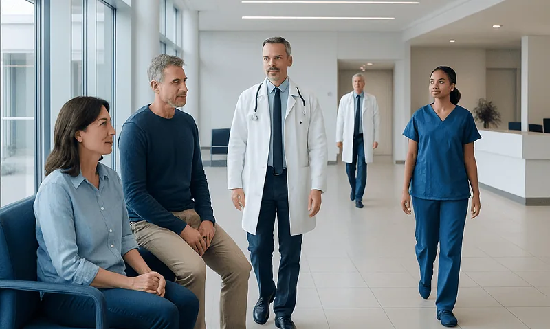 Medical team consulting with patients in hospital corridor.