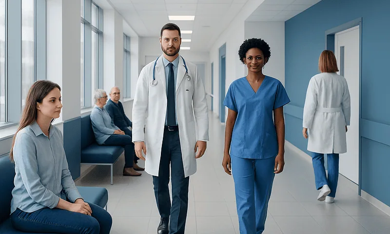 Medical staff and patients in a hospital corridor at Acibadem Hospitals Group.