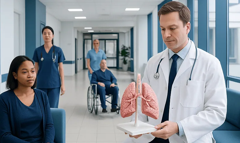 Doctor explaining lung anatomy to patients in hospital corridor.