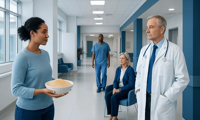 Patient and doctor in hospital corridor during consultation.