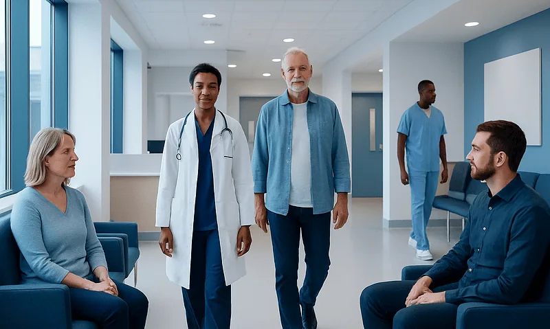 Medical team consulting with patients in a modern hospital waiting area.