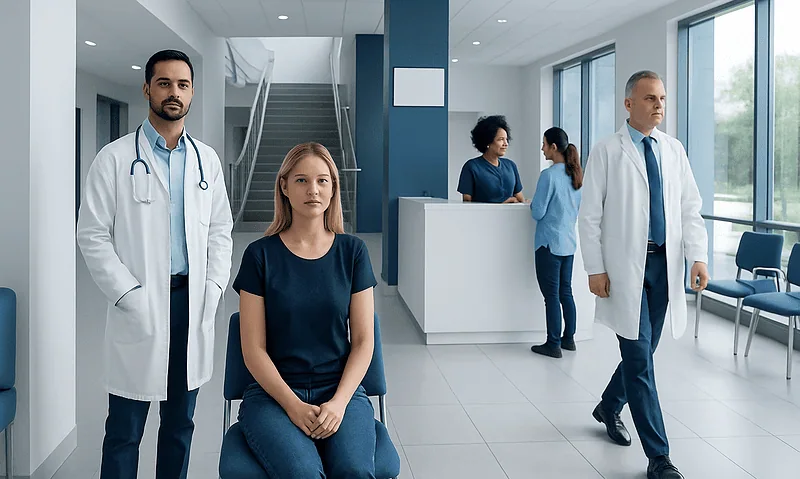 Medical team and patient in a modern hospital lobby at Acibadem Hospitals Group.