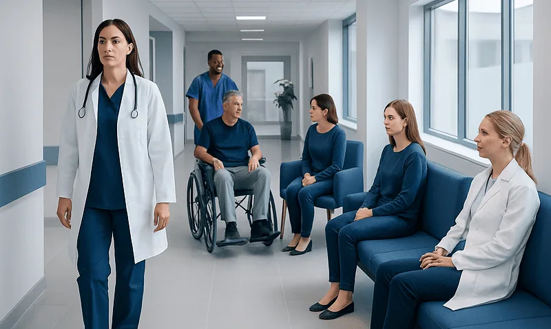 Medical team and patients in hospital corridor at Acibadem Hospitals Group.