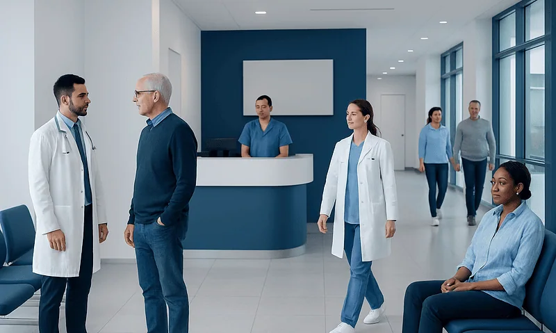 Medical professionals and patients in a modern hospital corridor.