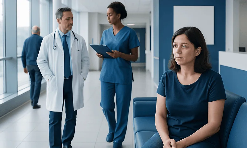 Patient waiting in hospital corridor with medical staff nearby.