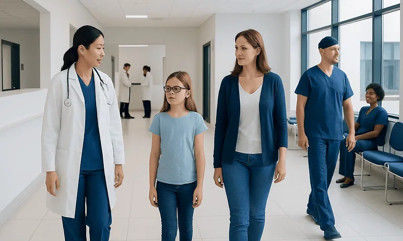 Medical staff and patients in a hospital corridor at Acibadem Hospitals Group.