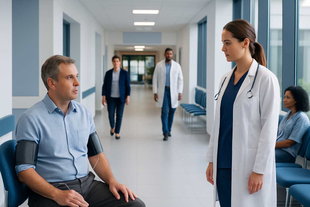 Ambulatory Blood Pressure Monitoring: What Patients Need to Know 1 Doctor discussing blood pressure with patient in hospital corridor.