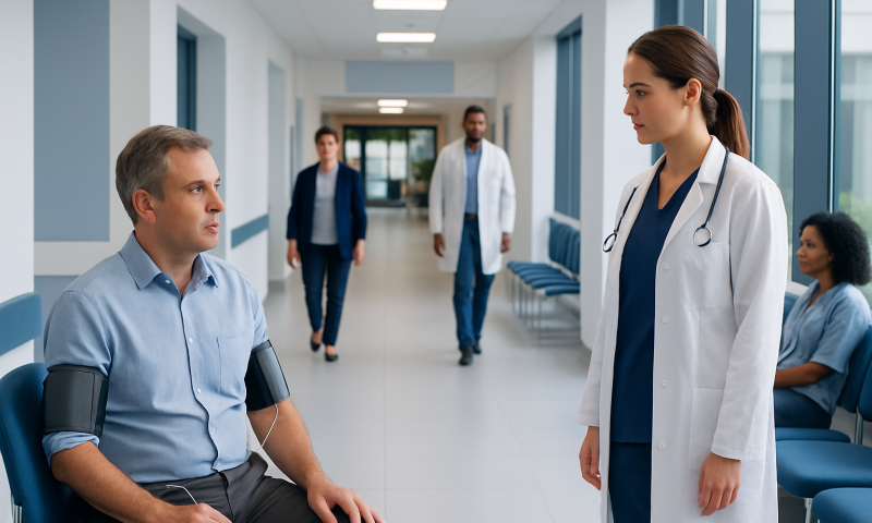 Ambulatory Blood Pressure Monitoring: What Patients Need to Know 5 Doctor discussing blood pressure with patient in hospital corridor.