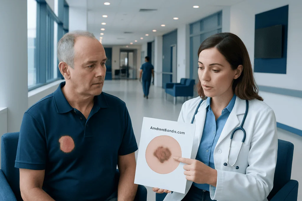 Amelanotic Melanoma: Early Signs, Risk Factors, and How It Is Treated 1 Doctor explaining skin lesion to patient in hospital corridor.