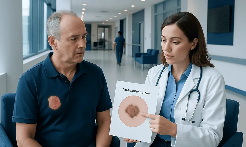 Doctor explaining skin lesion to patient in hospital corridor.