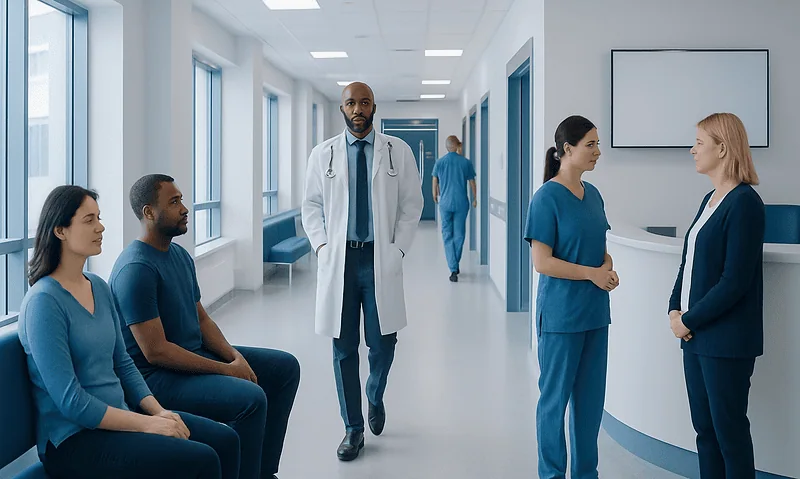 Medical team discussing patient care in hospital corridor.