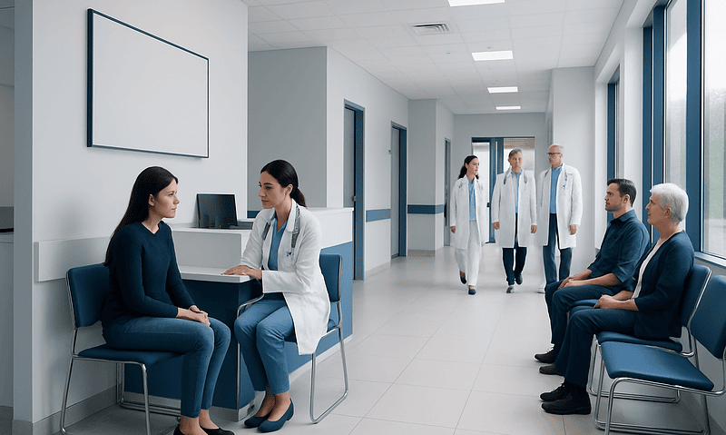 Medical consultation in a hospital corridor with doctors and patients.
