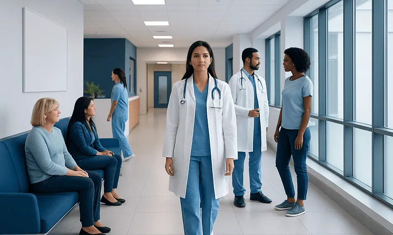 Medical team and patients in a hospital corridor at Acibadem Hospitals Group.