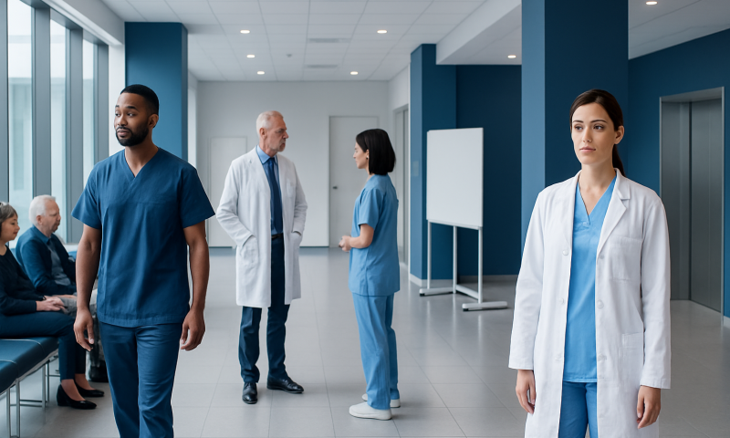 Medical staff and patients in a modern hospital corridor.