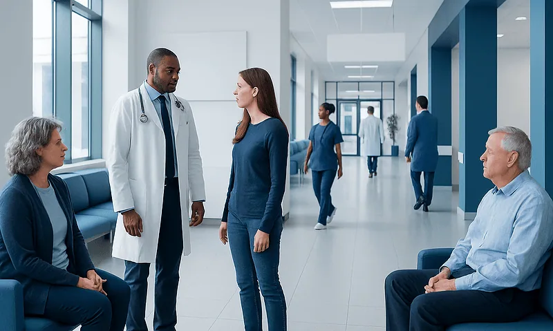 Medical consultation in a modern hospital corridor with healthcare professionals and patients.