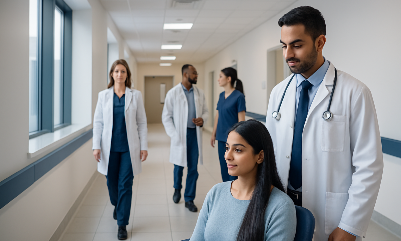 Medical team in hospital corridor with patient in wheelchair.