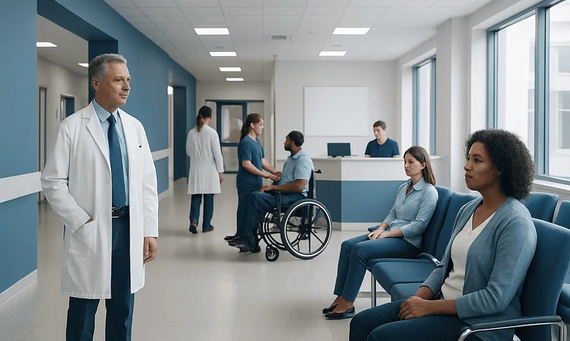 Hospital waiting area with medical staff and patients.
