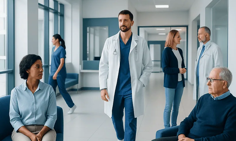Doctor consulting with patients in a hospital corridor.