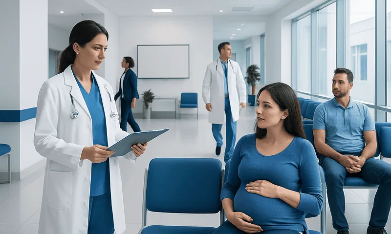 Pregnant woman consulting with doctor in hospital waiting area.