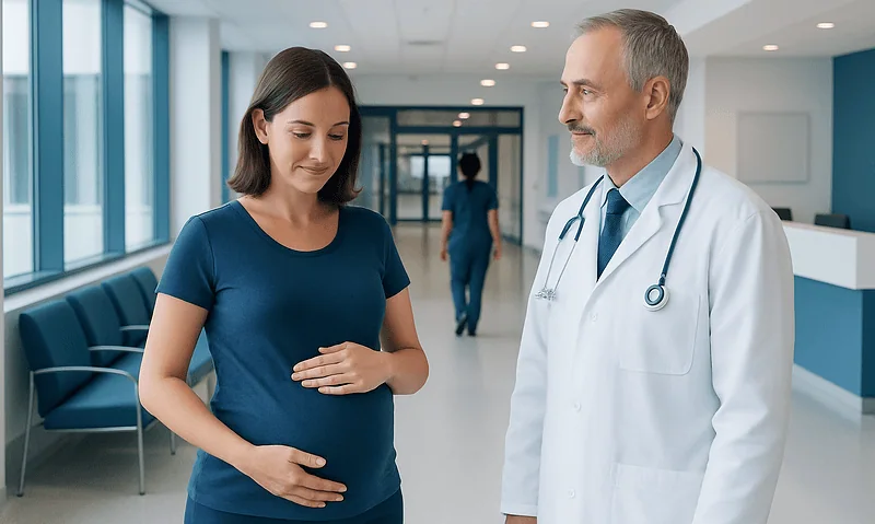 Pregnant woman consulting with a doctor in a hospital corridor.