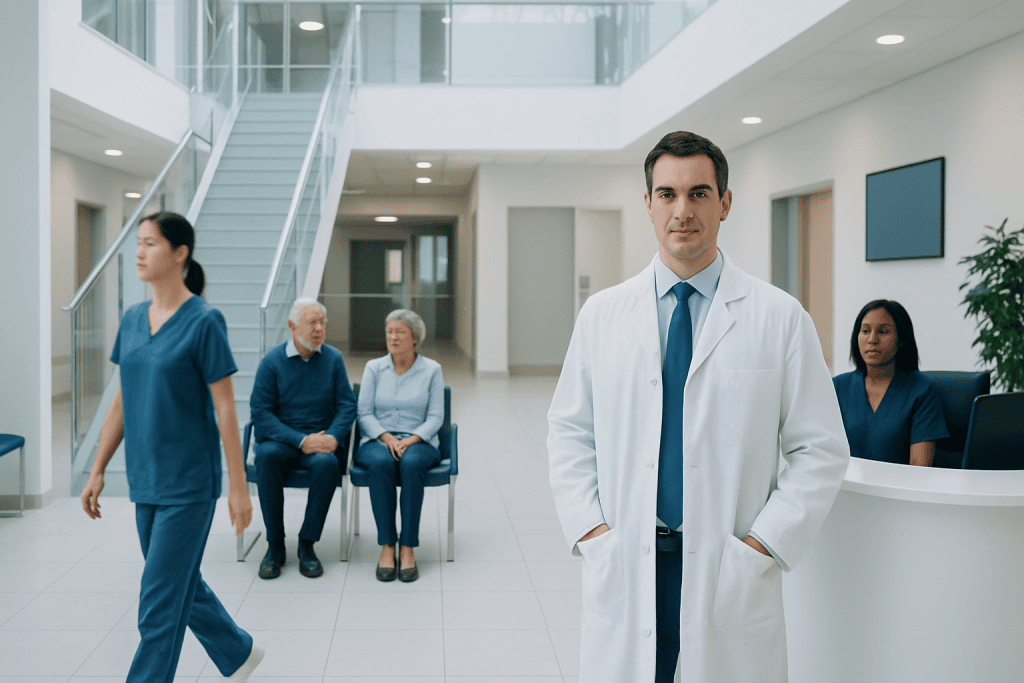 Understanding Amoebic Diseases: A Complete Patient Guide 1 Healthcare professionals and patients in a modern hospital lobby.