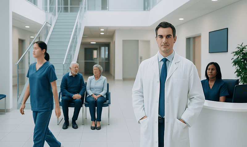 Healthcare professionals and patients in a modern hospital lobby.