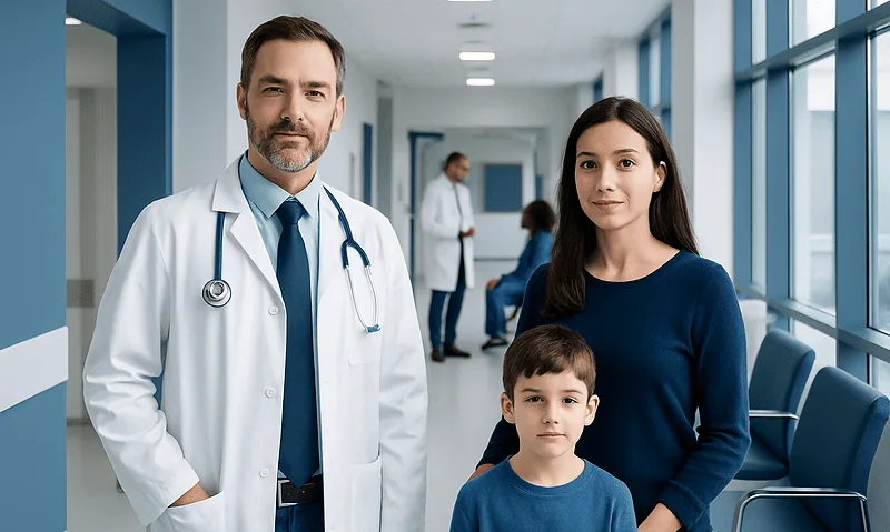 Doctor with a mother and child in a hospital corridor.