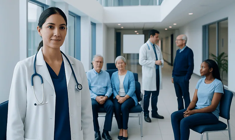 Healthcare professionals and patients in a modern hospital corridor.