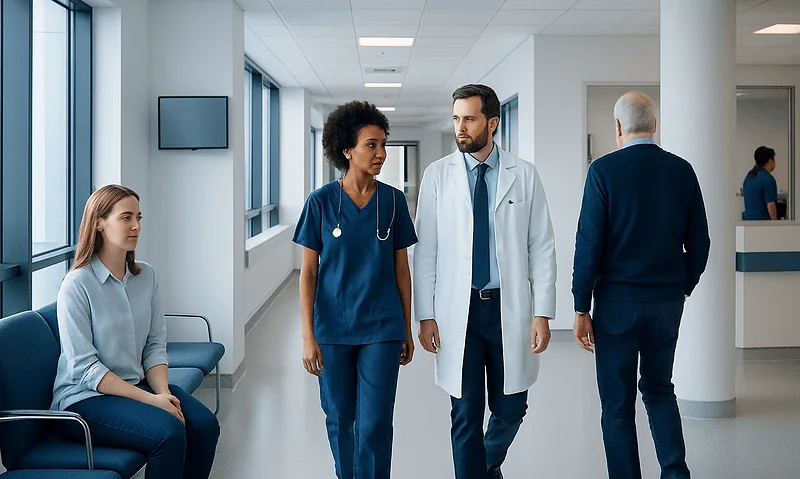 Medical team discussing patient care in hospital corridor.