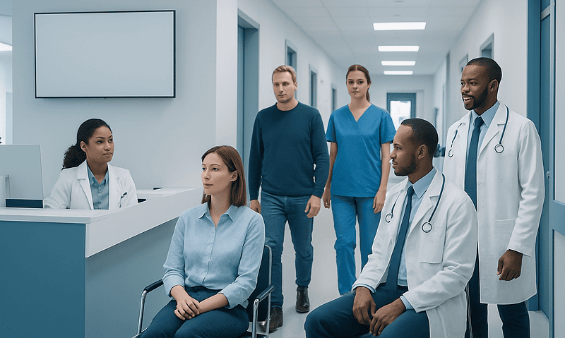 Medical team in hospital corridor during a consultation or training session.