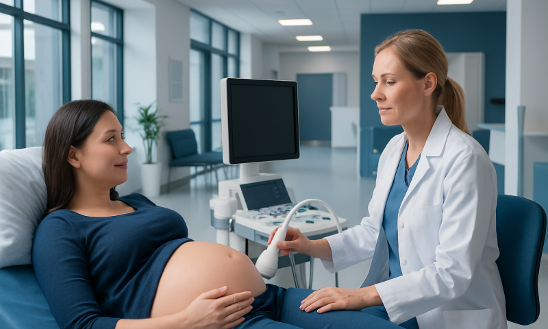 Pregnant woman having ultrasound at Acibadem Hospital for 18-week pregnancy checkup.