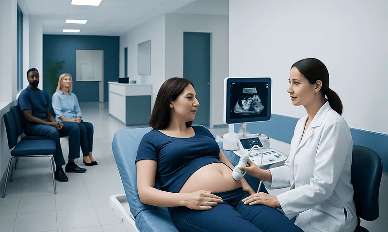 Pregnant woman having ultrasound scan at a hospital clinic.