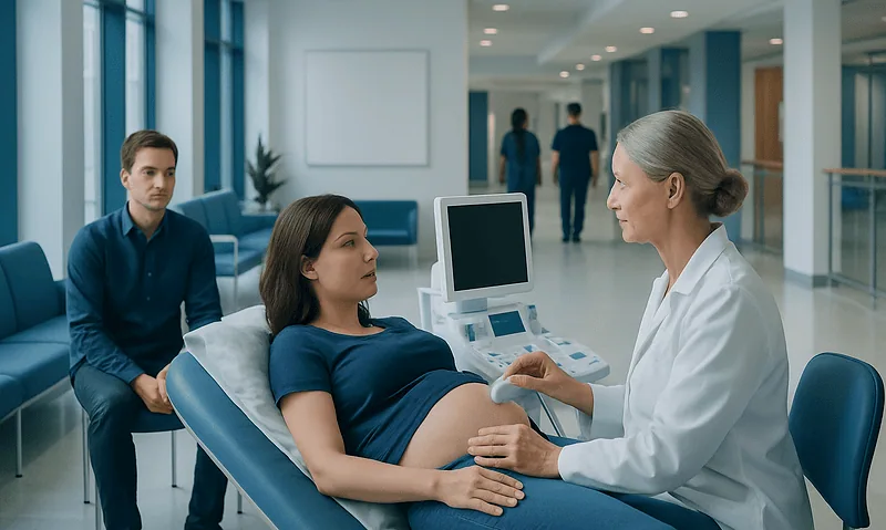 Pregnant woman at ultrasound appointment with doctor and partner in hospital corridor.