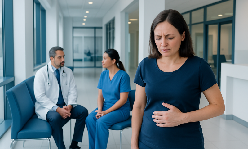 Woman experiencing abdominal pain in hospital corridor with medical staff.