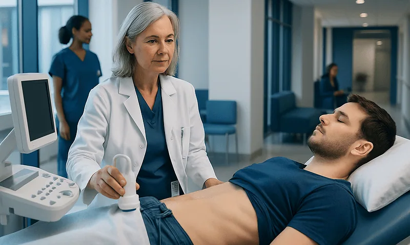 Abdominal Ultrasound for Digestive Symptoms: What It Can Show 6 Doctor preparing for abdominal ultrasound examination on male patient in hospital.