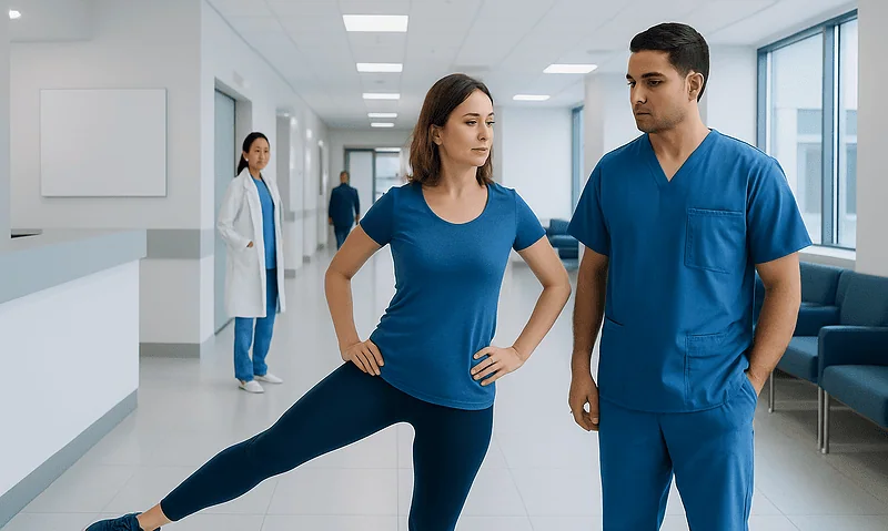 Physical therapy session at Acibadem Hospital with a patient and physiotherapist.