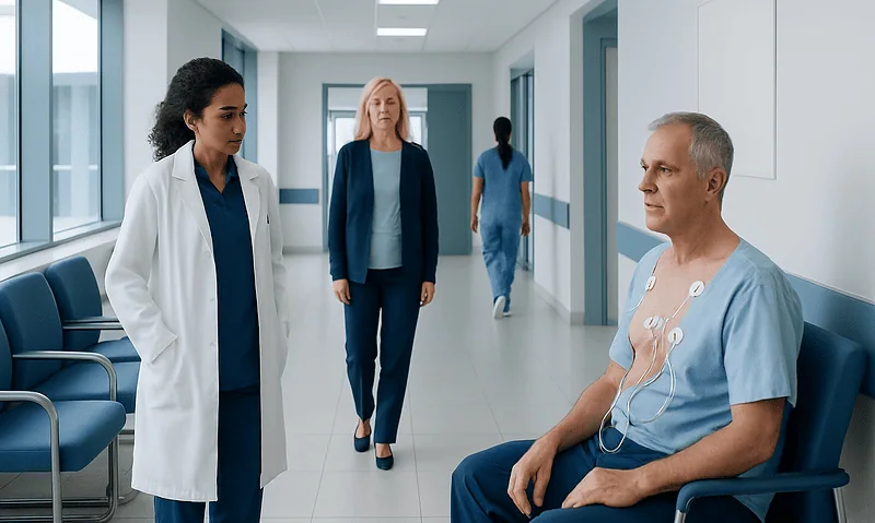 Medical professionals and patient in hospital corridor, healthcare setting.