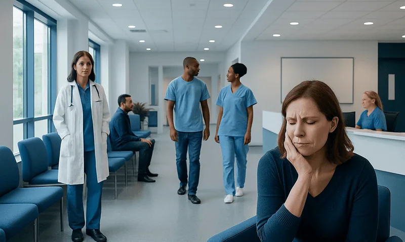 Patients and medical staff in a hospital corridor, woman with tooth pain in foreground.