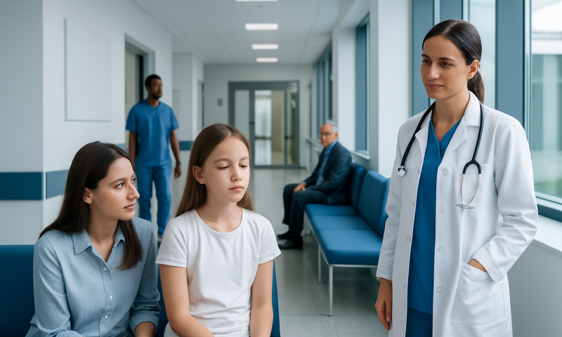 Doctor consulting young girl and her mother in hospital corridor.