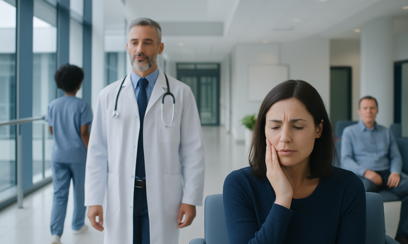Ache in Gums: Possible Causes and When to Seek Care 11 Woman with gum pain in a hospital waiting area with doctor nearby.