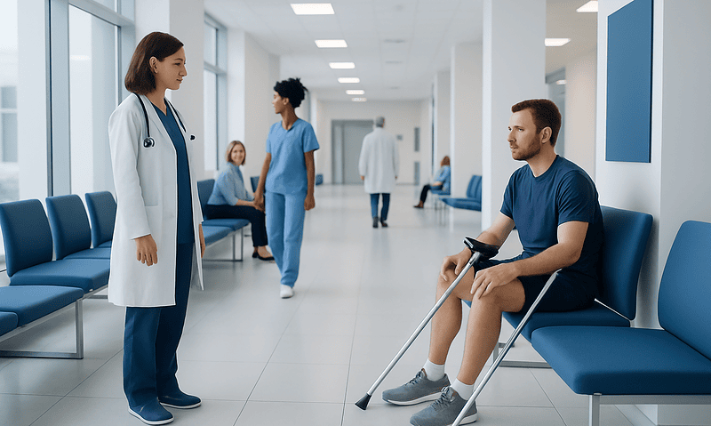 Patient with crutches in hospital corridor talking to doctor.