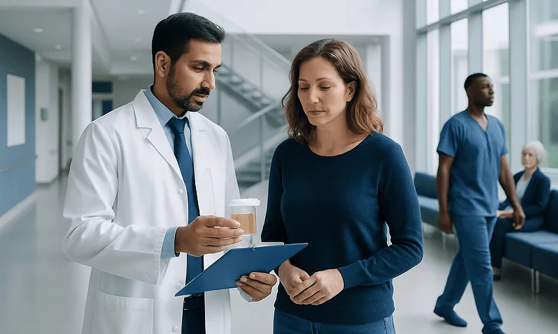 Doctor explaining urine test results to a patient in hospital corridor.