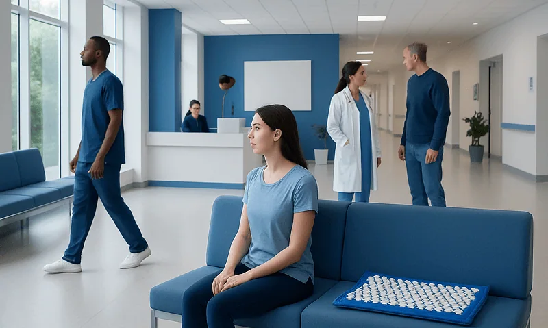Hospital waiting area with patients and staff at Acibadem Hospitals Group.
