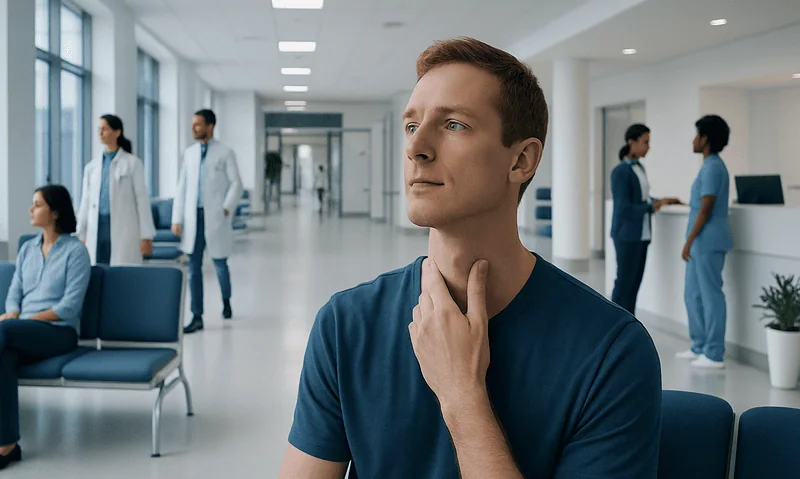 Patient contemplating in hospital corridor with medical staff in background.