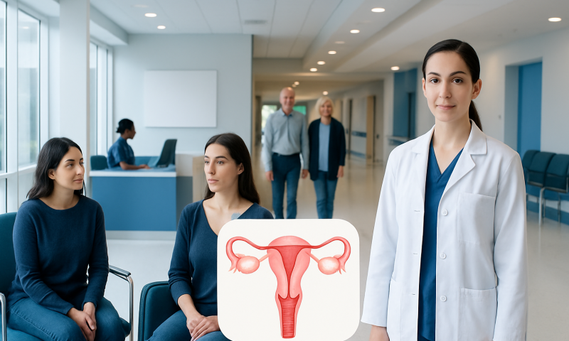 Gynecologist with patients and uterus model in hospital corridor.