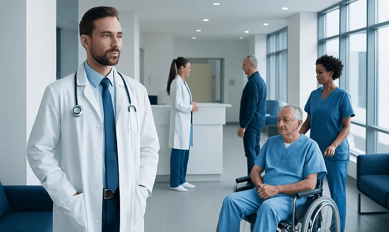 Medical team consulting with a patient in a hospital corridor.
