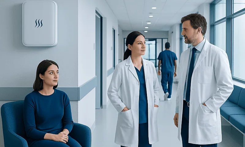 Medical professionals discussing in a hospital corridor with air ionizer on wall.